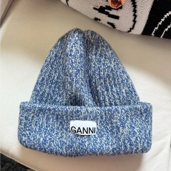 Ganni Blue and White Knit Beanie Structured Rib Knit Beanie main image 3
